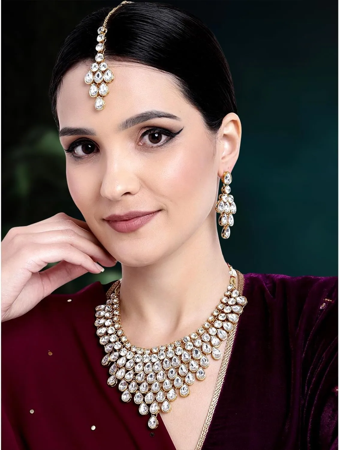Aheli Exquisite Wedding Party Wear Faux Kundan Studded Necklace with Maang Tikka Set Indian Ethnic Traditional Jewellery Gift for Women