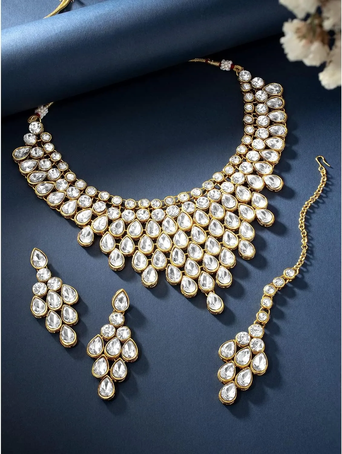 Aheli Exquisite Wedding Party Wear Faux Kundan Studded Necklace with Maang Tikka Set Indian Ethnic Traditional Jewellery Gift for Women