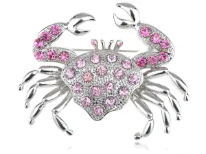Alilang Silvery Tone Rhinestones Nautical Ocean Sea Crab Brooch Pin Rose