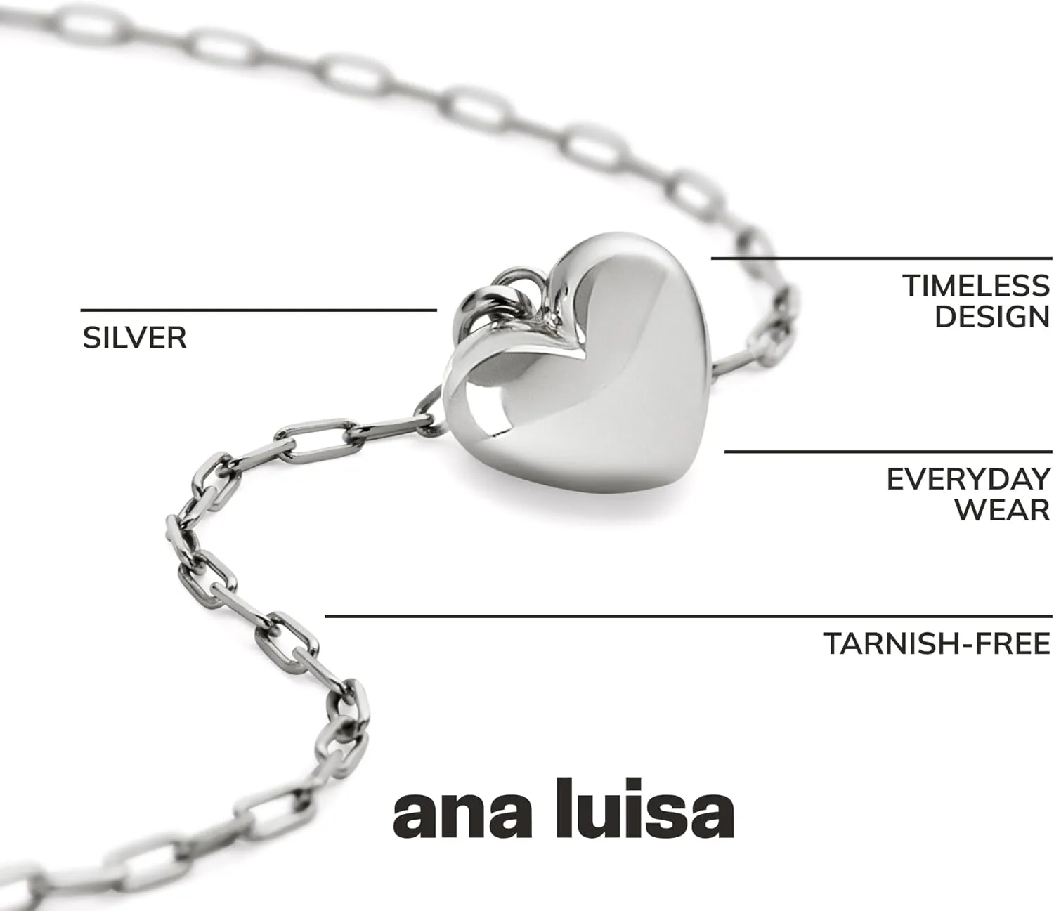 Ana Luisa Lev Puffed Heart Necklace for Women - Paperclip Chain w/ 14K Gold Plated & Silver Rhodium Plated Small Heart Necklace Gold Pendant - Hypoallergenic, Water-Resistant, Tarnish-Free Jewelry