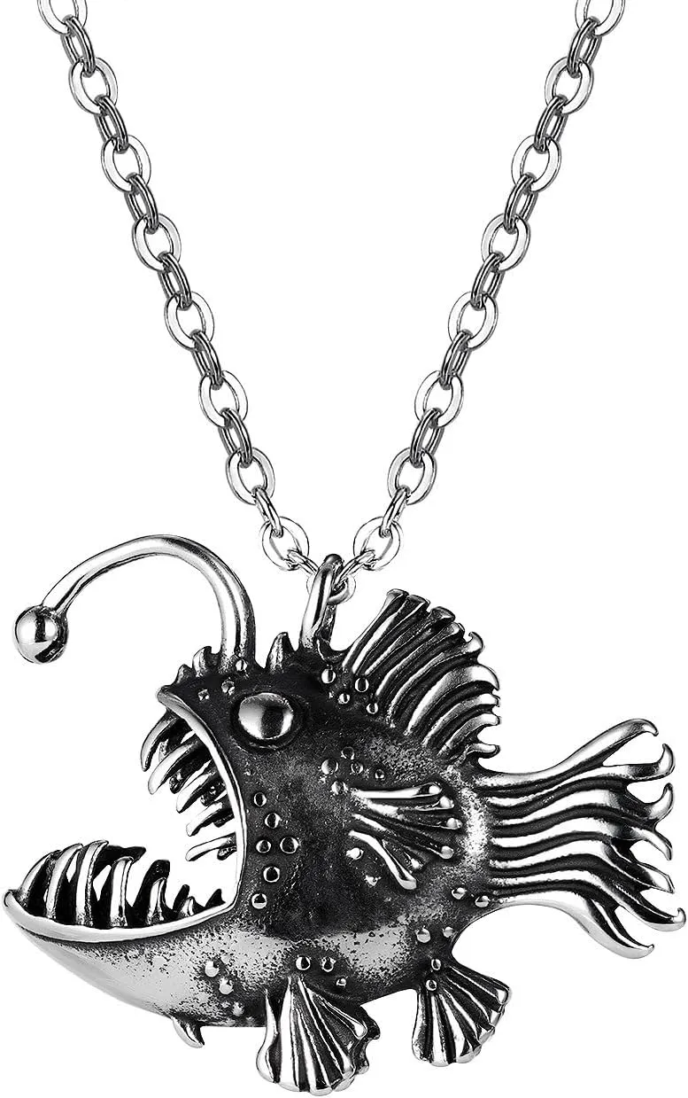 Angler Fish Stainless Steel Necklace Seadevil Nautical Pirate Pendant Gift for Bass Fishing Trout Fishman Sailors