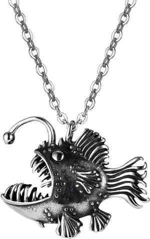 Angler Fish Stainless Steel Necklace Seadevil Nautical Pirate Pendant Gift for Bass Fishing Trout Fishman Sailors