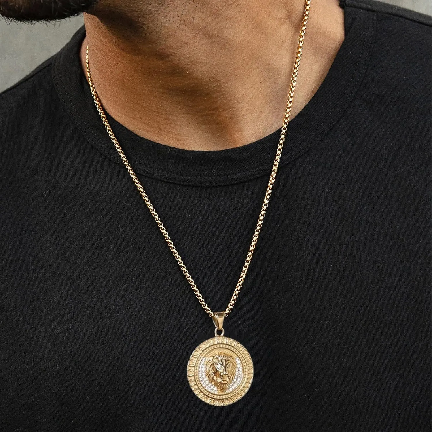 AsAlways 18K Gold Plated Lion Head Necklace Pendant for Men Stainless Steel Hip Hop Rock Lion King Necklaces Charm Animal Amulet Jewelry