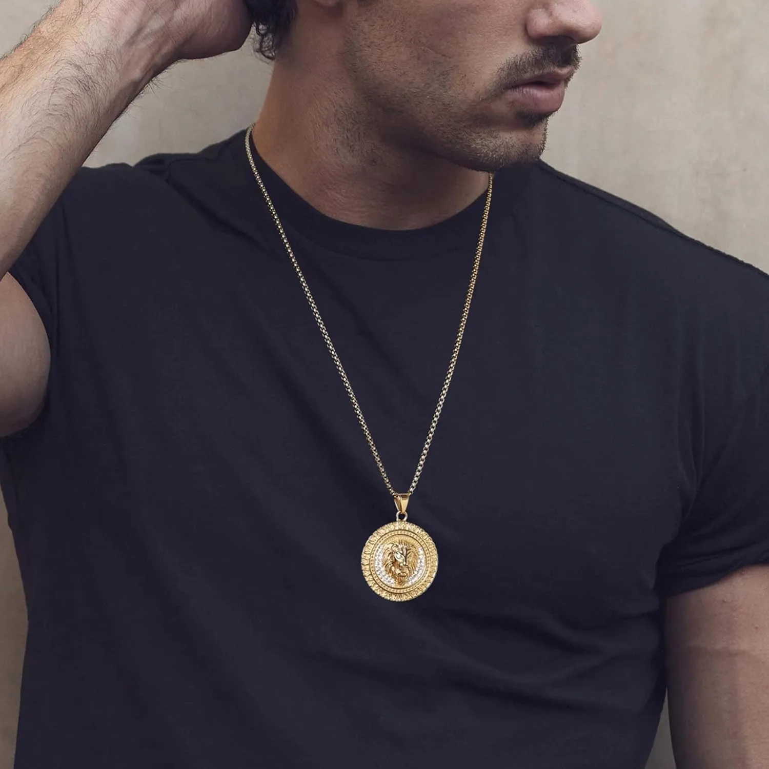 AsAlways 18K Gold Plated Lion Head Necklace Pendant for Men Stainless Steel Hip Hop Rock Lion King Necklaces Charm Animal Amulet Jewelry