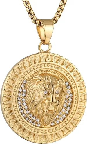 AsAlways 18K Gold Plated Lion Head Necklace Pendant for Men Stainless Steel Hip Hop Rock Lion King Necklaces Charm Animal Amulet Jewelry