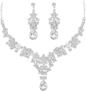 Asooll Bridal Wedding Jewelry Set Crystal Teardrop Earrings and Necklace Set Rhinestone Prom Sliver Jewelry Sets