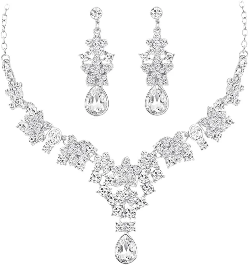 Asooll Bridal Wedding Jewelry Set Crystal Teardrop Earrings and Necklace Set Rhinestone Prom Sliver Jewelry Sets