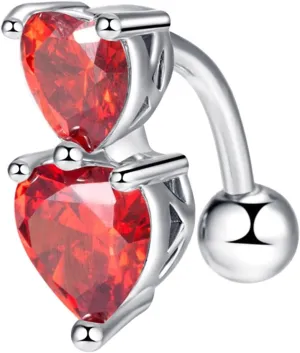Bar Belly Ring Women, Belly Rings Sexy Belly Button Ring Surgical Steel Elegant Double Heart Cubic Zirconia Belly Button Piercing Jewelry