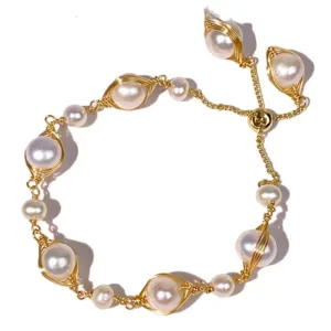 Baroque Pearl Bracelet, Exquisite Natural Freshwater Pearls - 18K Gold Plated Copper