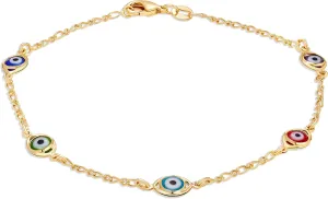 Barzel 18K Gold Plated Multi Color Evil Eye Anklet For Women, 10 Inches - Made in Brazil