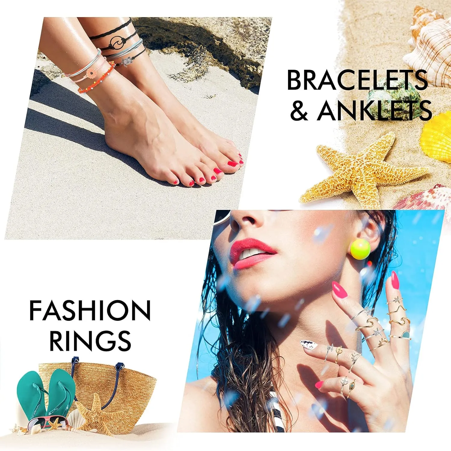 Batiyeer 60 Pcs Christmas Surfer Wave Friendship Bracelet Layered Choker Pendant Necklace Adjustable Multilayer Chain Bracelet Anklets Knuckle Rings for Women Xmas Gifts
