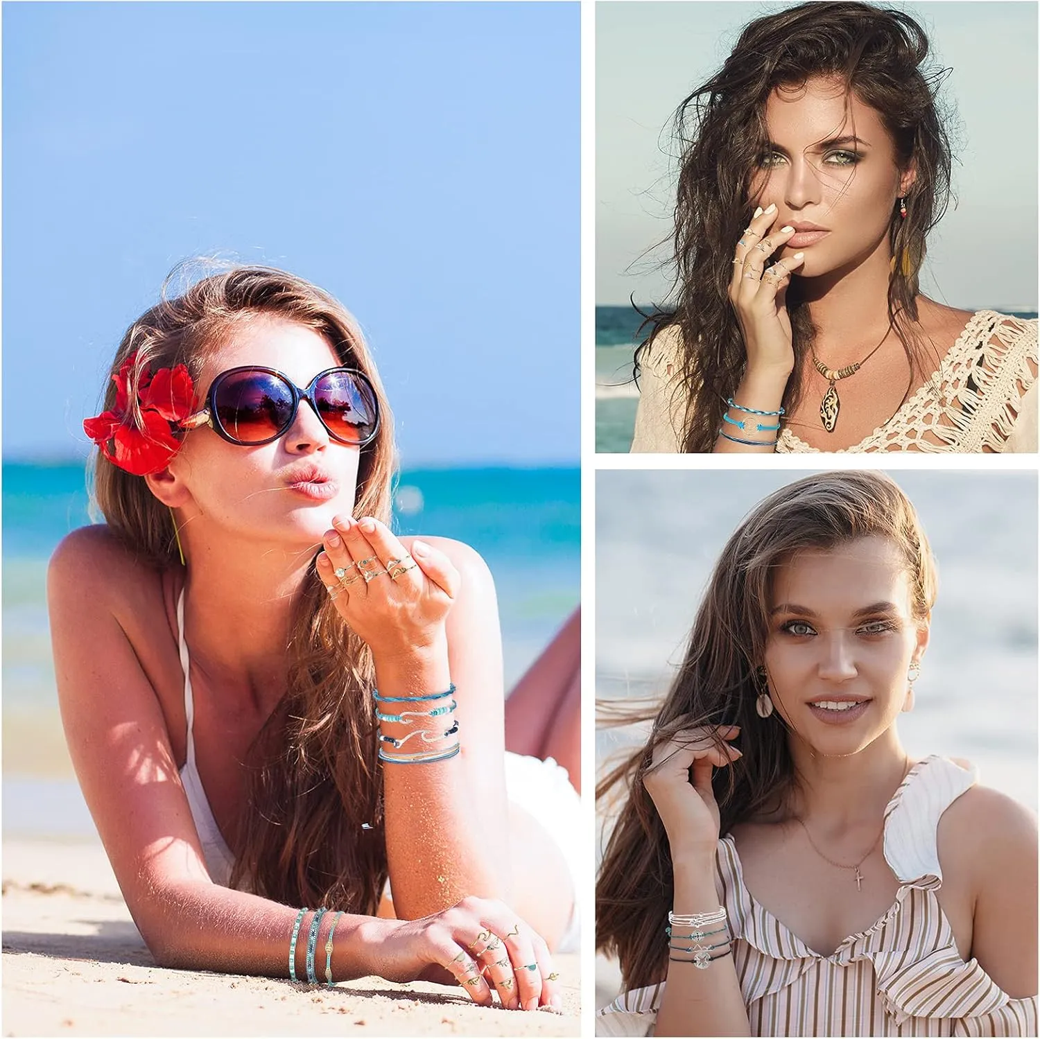 Batiyeer 60 Pcs Christmas Surfer Wave Friendship Bracelet Layered Choker Pendant Necklace Adjustable Multilayer Chain Bracelet Anklets Knuckle Rings for Women Xmas Gifts