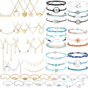 Batiyeer 60 Pcs Christmas Surfer Wave Friendship Bracelet Layered Choker Pendant Necklace Adjustable Multilayer Chain Bracelet Anklets Knuckle Rings for Women Xmas Gifts