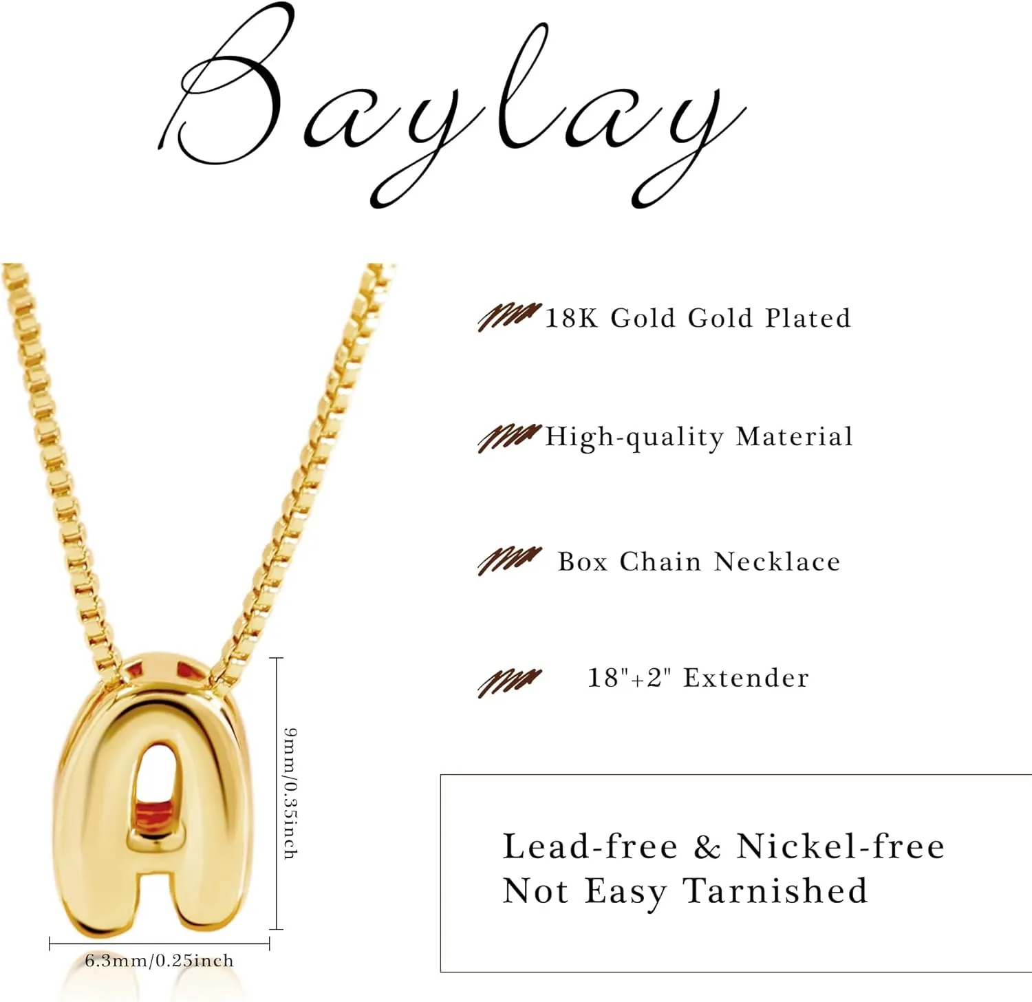 BAYLAY Bubble Letter Necklace Gold - 18K Gold Plated Initial Necklaces for Women Gold Necklace Name Necklace Personalized Bubble Letter Necklace Dainty Balloon Necklace Trendy Jewelry Gifts for Women