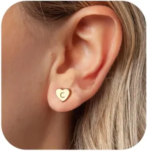 BAYLAY Heart Initial Stud Earrings for Girls Women - 18K Gold Plated Letter A-Z Initial Earrings Gold Heart Earrings for Women Teen Girl Gifts Trendy Stuff Womens Stocking Stuffers Gold Jewelry Gifts