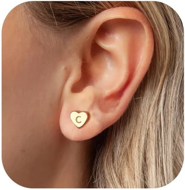 BAYLAY Heart Initial Stud Earrings for Girls Women - 18K Gold Plated Letter A-Z Initial Earrings Gold Heart Earrings for Women Teen Girl Gifts Trendy Stuff Womens Stocking Stuffers Gold Jewelry Gifts