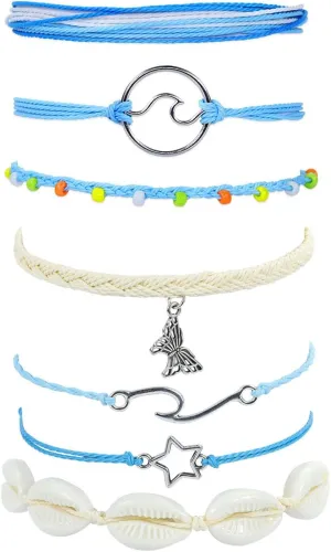 Beach Surfer Wave Bracelet for Women,Ocean Wave Adjustable Waterproof Handmade Braided String Beaded Bracelet Friendship Bracelet Anklets Summer Jewelry for Women
