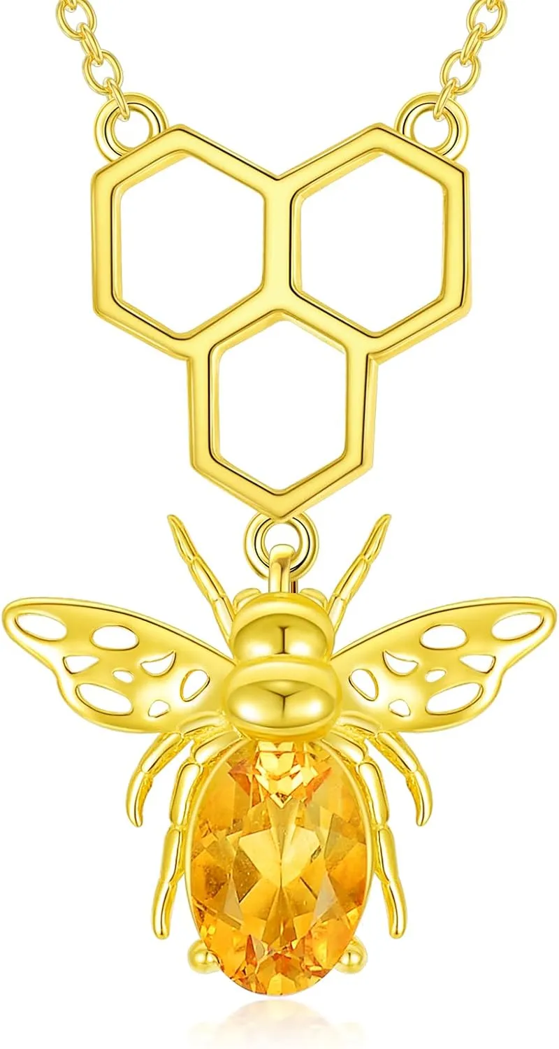 Bee Necklace for Women S925 Sterling Silver Natural Citrine Bee Pendant Jewelry Birthday Mother's Day Christmas Gifts for Mom Wife Girlfriend