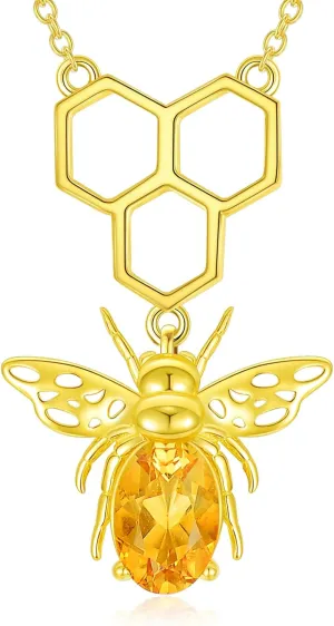 Bee Necklace for Women S925 Sterling Silver Natural Citrine Bee Pendant Jewelry Birthday Mother's Day Christmas Gifts for Mom Wife Girlfriend