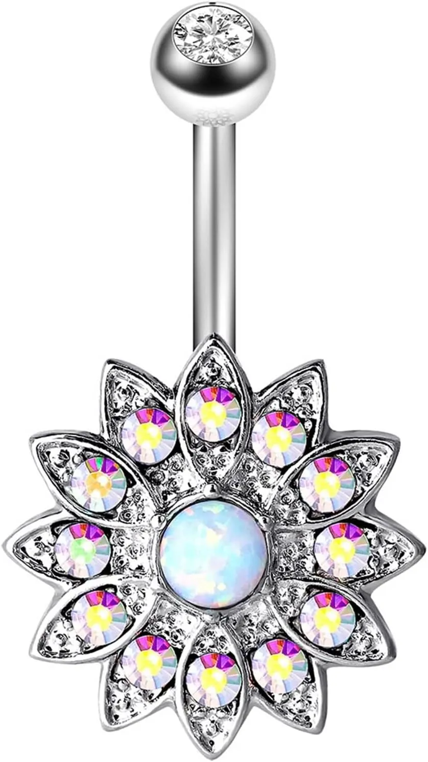 Belly Rings Elegant, Belly Button Ring Surgical Steel Navel Ring Stainless Steel Style A Cubic Zirconia Round Opal Body Piercing Jewelry
