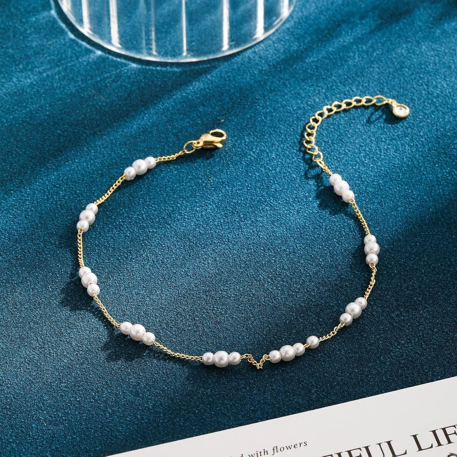 BERISO Gold/Silver Ankle Bracelets for Women,14K Gold Plated Anklets for Women Waterproof Pearl Heart Beads Evil Eye Rhinestone Anklets Set Layered Anklet Bracelets for Women Gold Jewelry