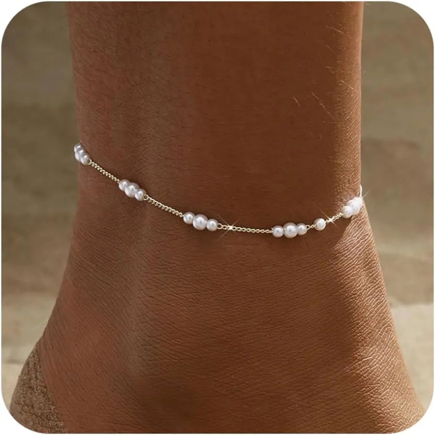 BERISO Gold/Silver Ankle Bracelets for Women,14K Gold Plated Anklets for Women Waterproof Pearl Heart Beads Evil Eye Rhinestone Anklets Set Layered Anklet Bracelets for Women Gold Jewelry