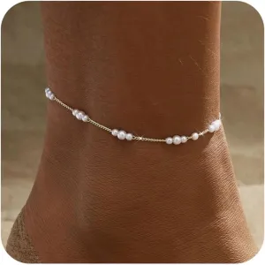 BERISO Gold/Silver Ankle Bracelets for Women,14K Gold Plated Anklets for Women Waterproof Pearl Heart Beads Evil Eye Rhinestone Anklets Set Layered Anklet Bracelets for Women Gold Jewelry