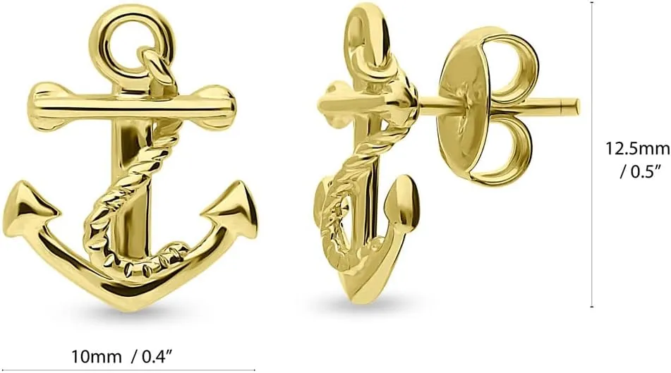 BERRICLE Sterling Silver Anchor Fashion Stud Earrings for Women (Yellow Gold Flashed, Rhodium Plated)