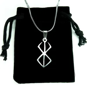 Berserker Rune Necklace,with 20in Chain,Pure 304 Stainless Steel,Viking Warrior Protection Symbol Charm Pendant and Black Drawstring Bag,Silver