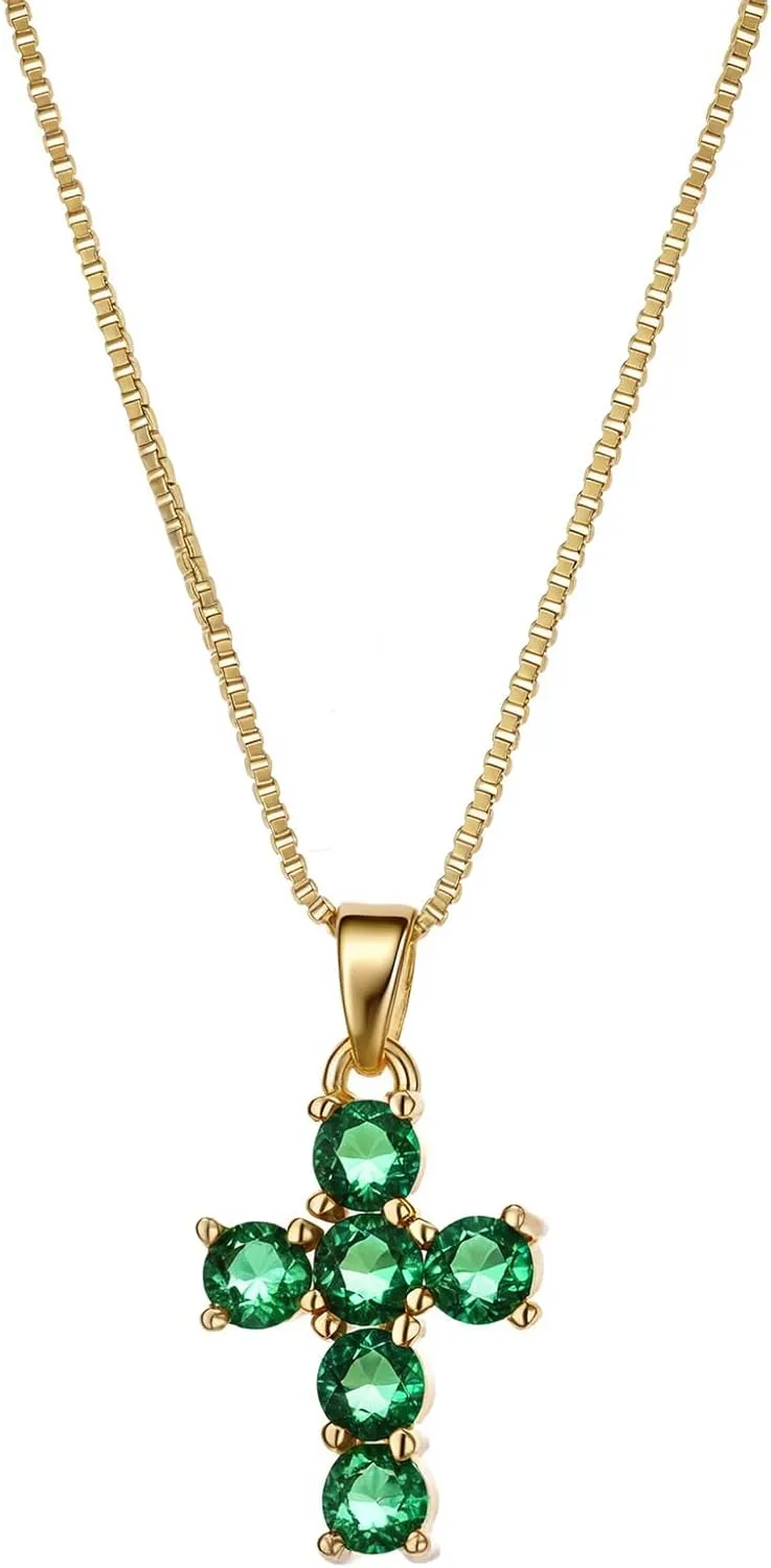 Birthstone Necklace for Women  Dainty Gold Cross Necklaces with Cubic Zirconia Pendant 14k Gold Plated Gift