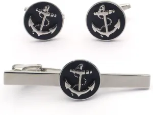 Black Anchor Cufflinks and Tie Clip Set, Nautical Cufflinks and Tie Clip