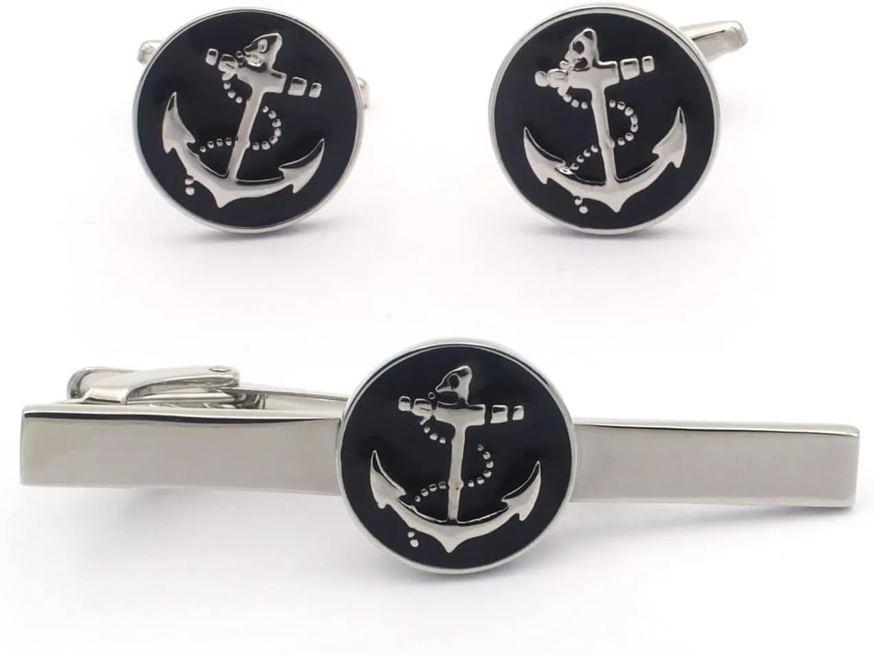 Black Anchor Round Cufflinks and Tie Clip Set  Nautical-Inspired Design for Men, Elegant Accessories for Formal and Casual Occasions