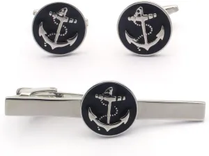 Black Anchor Round Cufflinks and Tie Clip Set  Nautical-Inspired Design for Men, Elegant Accessories for Formal and Casual Occasions