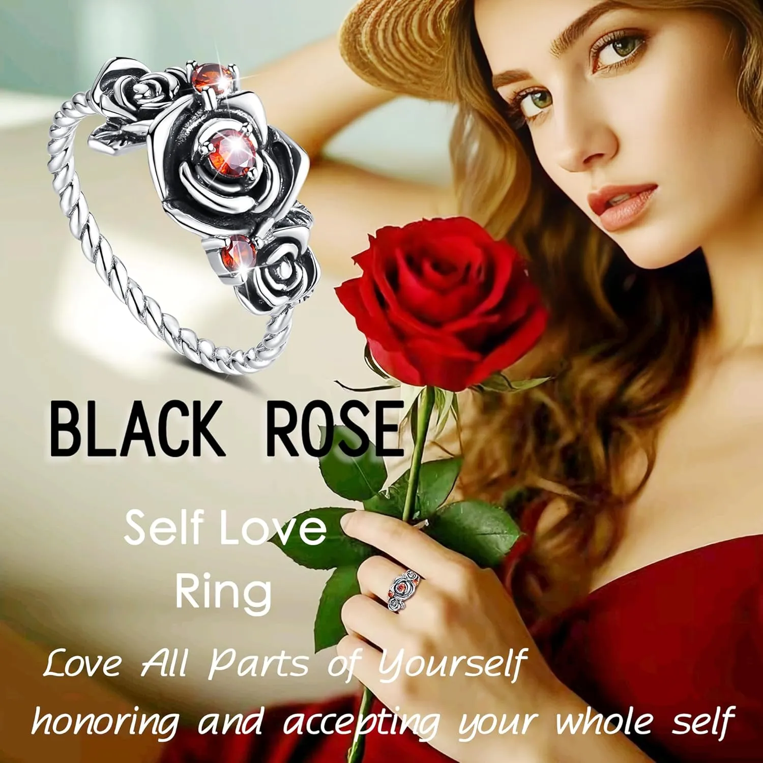 Black Rose Ring 925 Sterling Silver Self Love Roses Flower Rings Vintage Elegant Statement Jewelry Gifts for Women Daughter,Wife,Friends