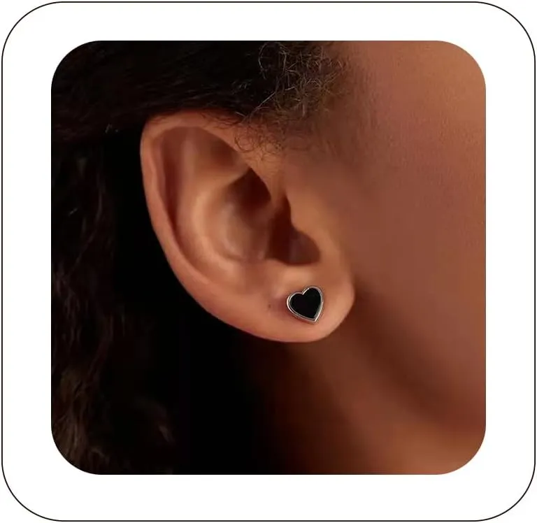 Black Stud Earrings Sterling Silver Stud Earrings Minimalist Tiny Stud Earrings Dainty Heart Earrings Studs Jewelry Gifts for Women Girls