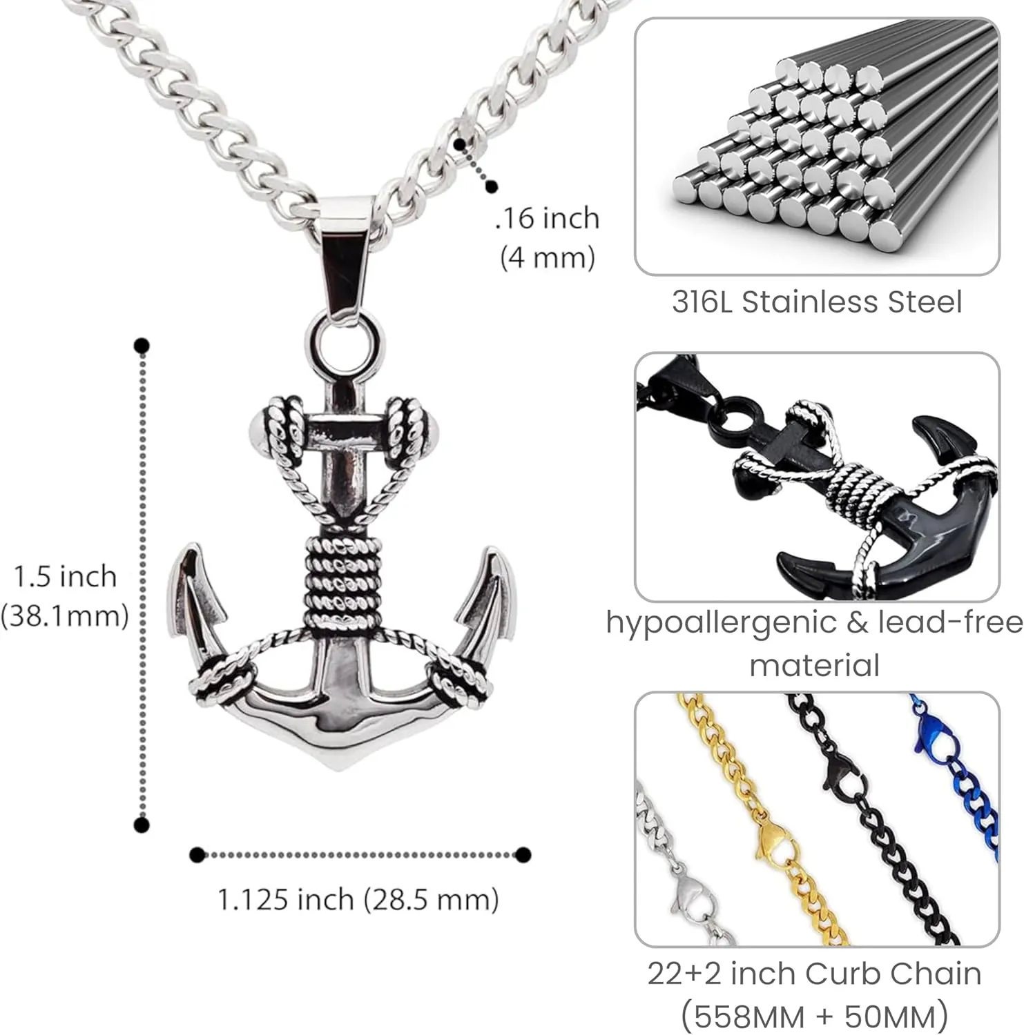 BlackJack Mens Anchor Pendant, 316L Stainless Steel Necklace White/Gold/Black/Blue with a 24 Curb Chain, Nautical Jewelry Gifts