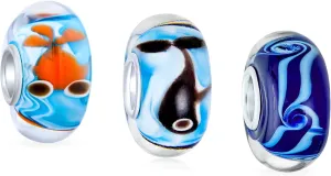 Bling Jewelry Mixed Nautical Set Bundle .925 Sterling Silver Core Translucent Multi Color Murano Glass Gold Fish Whale Waves Charm Bead Spacer Fits European Bracelet For Women Teen