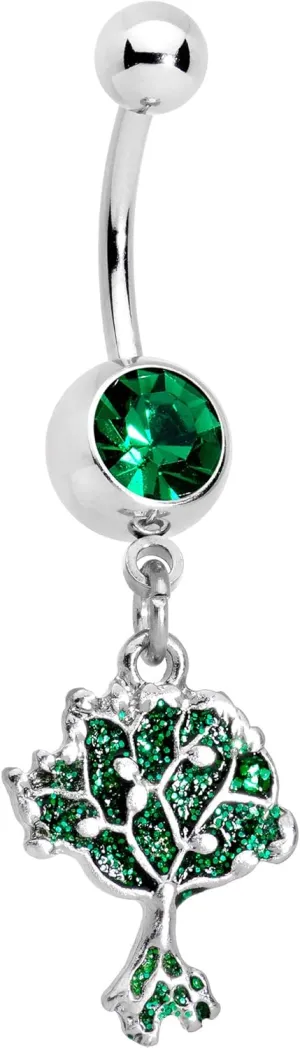 Body Candy Steel Green Accent Lively Tree of Life Dangle Belly Ring