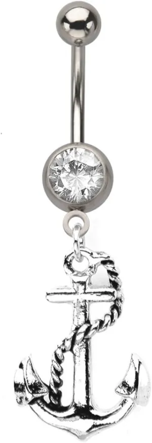 BodyJewelryOnline Dangling Nautical Anchor 14ga Navel Ring with Clear Gem
