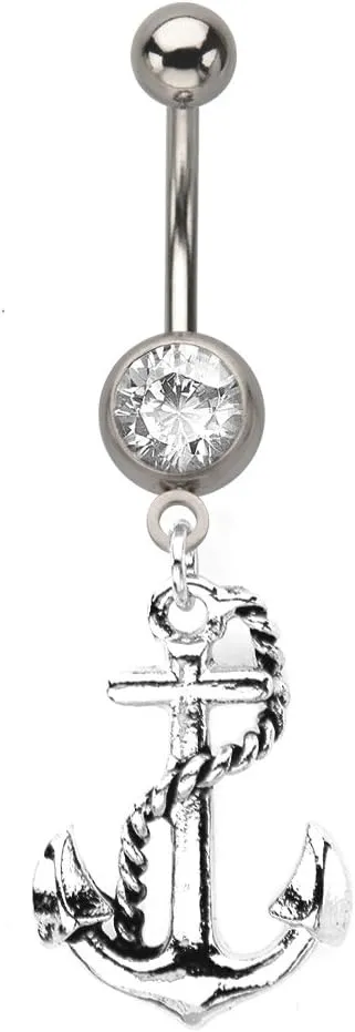 BodyJewelryOnline Dangling Nautical Anchor 14ga Navel Ring with Clear Gem