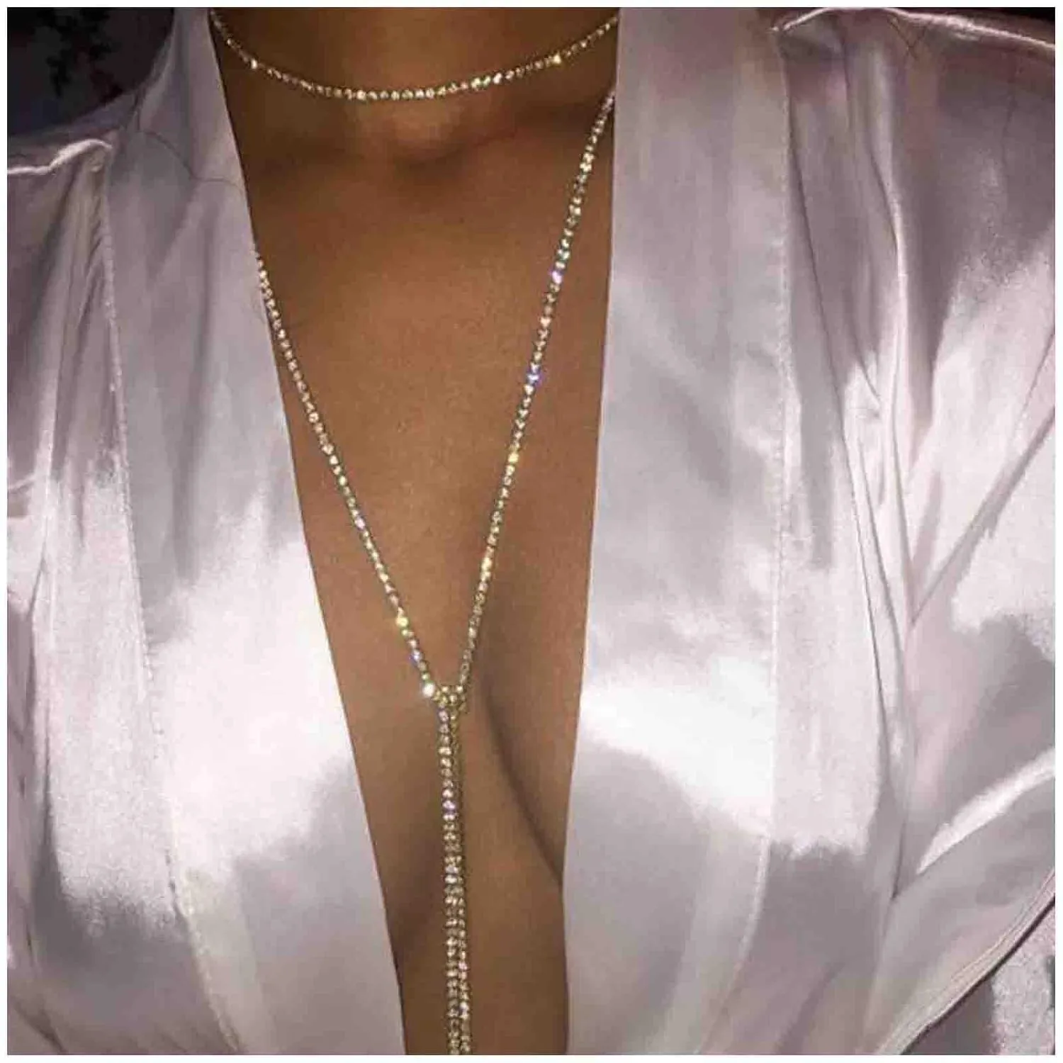 Bohemian Layered Tennis Chain Necklace Vintage Crystal Choker Necklace Silver Rhinestone Necklace Chain Adjustable Long Multi Row Tennis Necklace Chain Jewelry for Women