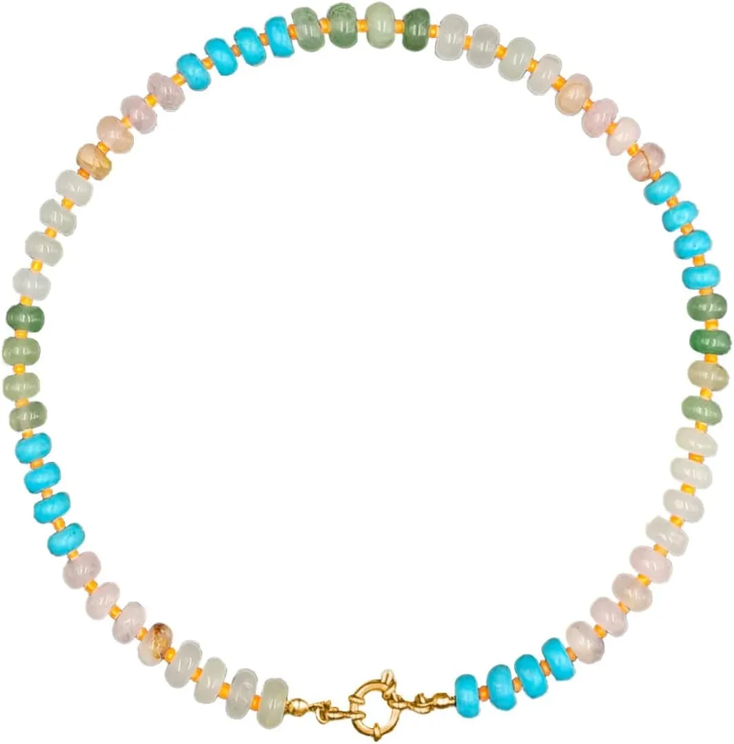 Boho Beaded Necklace for Women Colorful Beads Choker Necklace Natural Stone Handmade Necklace 18K Gold Plated Circular Buckle Surfer Beach Necklace for Women Jewelry Gift