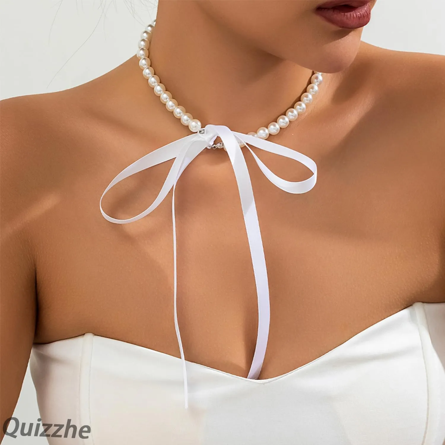 Boho Pearl Bow Choker Necklace Black Velvet Long Ribbon Bow Collarbone Chain Vintage Pearl Beaded Choker Necklace Birthday Party Jewelry for Women