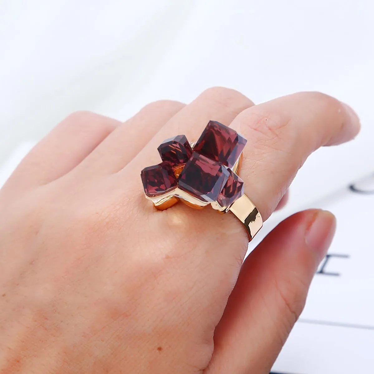 Boho Square Crystal Statement Ring for Women Girls Gold Plated Adjustable Expandable Promise Engagement Geometric Rings Comfort Fit Elegant Art Deco Birthday Christmas Cocktail Party Y2K Jewelry Gift