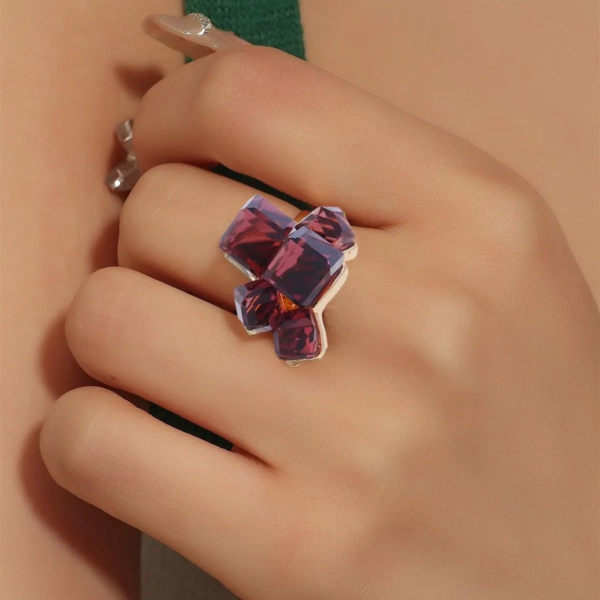 Boho Square Crystal Statement Ring for Women Girls Gold Plated Adjustable Expandable Promise Engagement Geometric Rings Comfort Fit Elegant Art Deco Birthday Christmas Cocktail Party Y2K Jewelry Gift