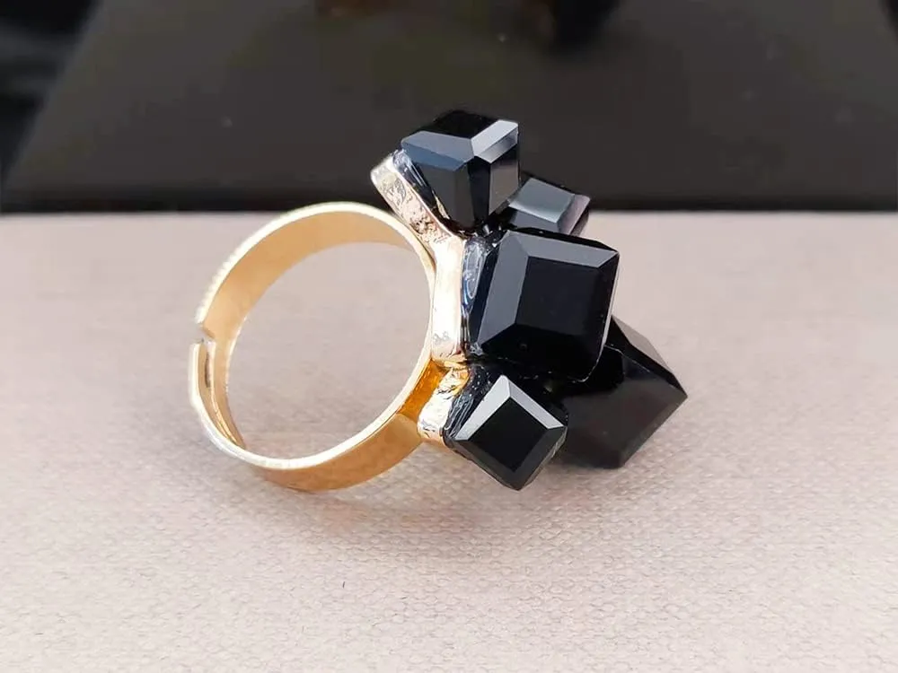 Boho Square Crystal Statement Ring for Women Girls Gold Plated Adjustable Expandable Promise Engagement Geometric Rings Comfort Fit Elegant Art Deco Birthday Christmas Cocktail Party Y2K Jewelry Gift