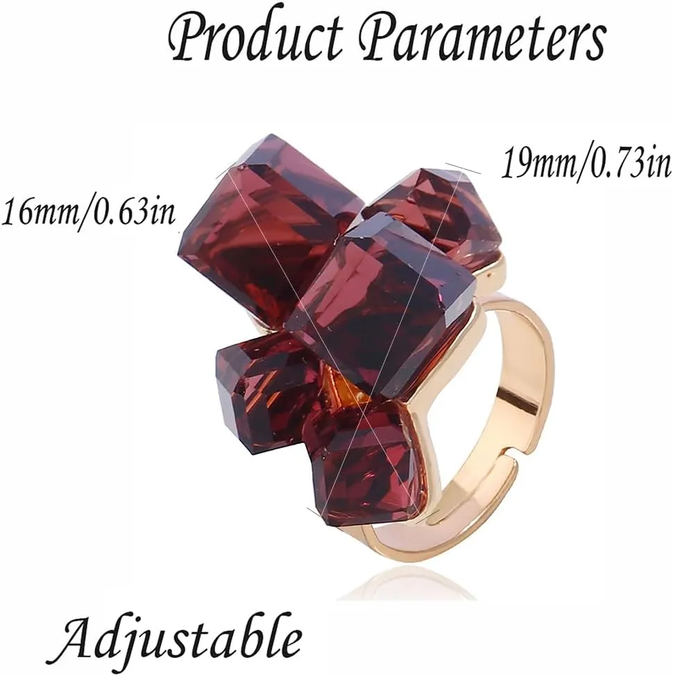 Boho Square Crystal Statement Ring for Women Girls Gold Plated Adjustable Expandable Promise Engagement Geometric Rings Comfort Fit Elegant Art Deco Birthday Christmas Cocktail Party Y2K Jewelry Gift