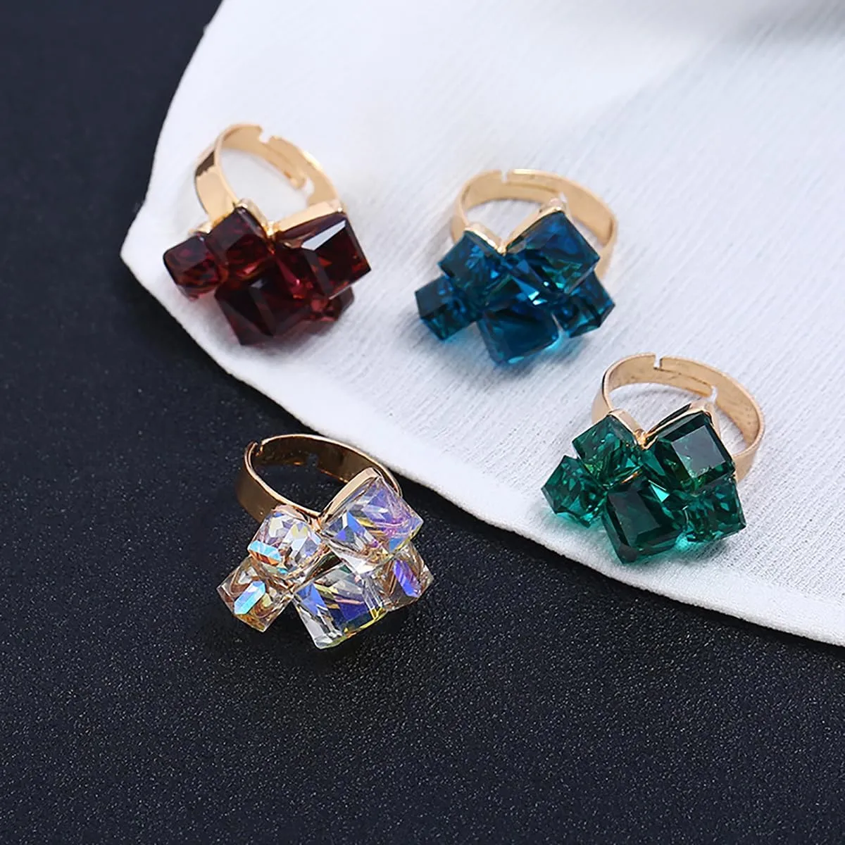 Boho Square Crystal Statement Ring for Women Girls Gold Plated Adjustable Expandable Promise Engagement Geometric Rings Comfort Fit Elegant Art Deco Birthday Christmas Cocktail Party Y2K Jewelry Gift
