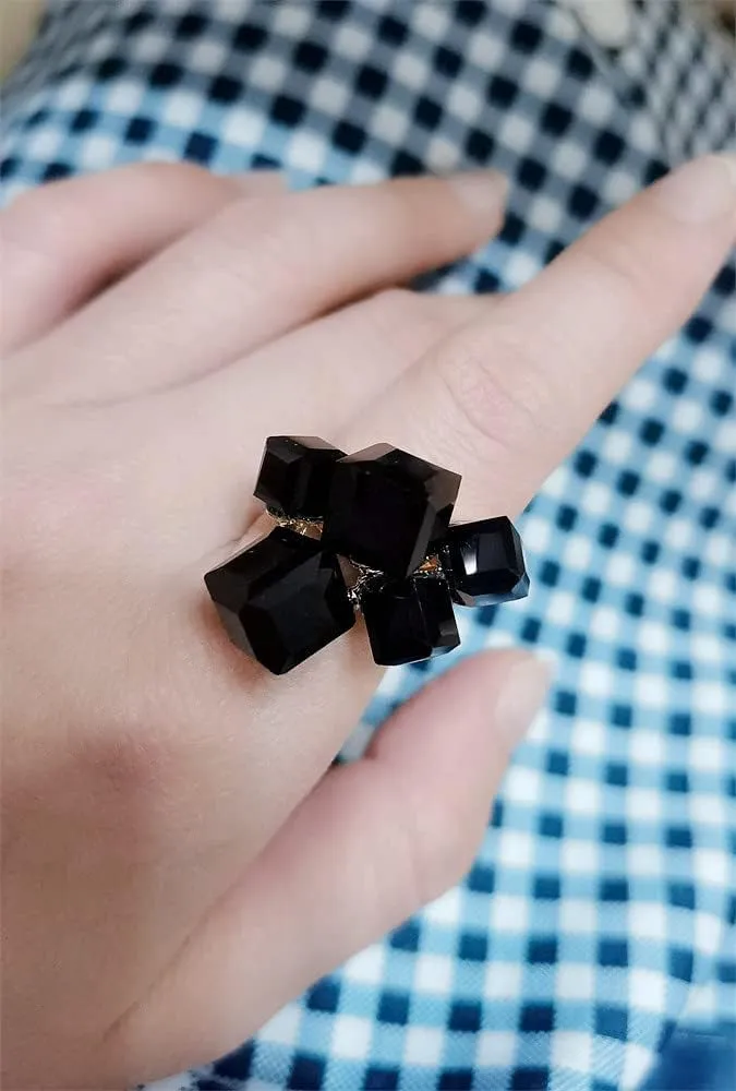 Boho Square Crystal Statement Ring for Women Girls Gold Plated Adjustable Expandable Promise Engagement Geometric Rings Comfort Fit Elegant Art Deco Birthday Christmas Cocktail Party Y2K Jewelry Gift
