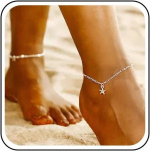 Boho Starfish Anklet Dangle Star Ankle Bracelet Silver Anklet Vintage Figaro Chain Anklet Bracelet Summer Foot Chain Jewelry for Women